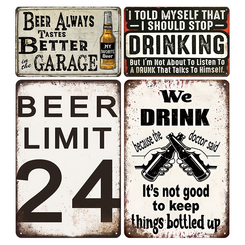 Wine Beer Pub - Conjunto de 4 Placas Metálicas Vintage